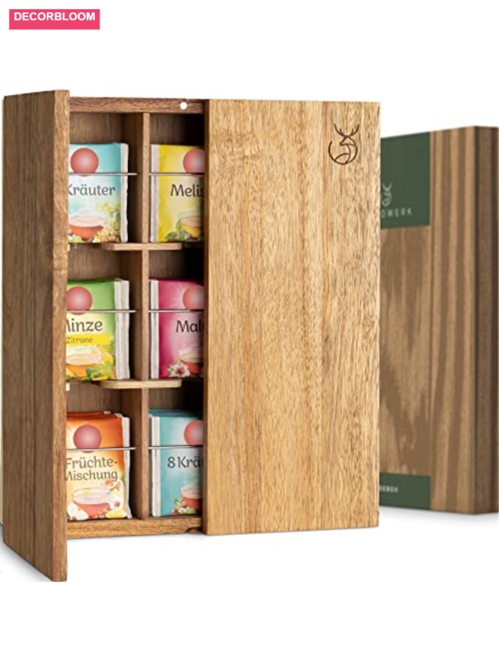9-Compartment Solid Acacia Wood Tea Organizer Box with Wall Mount